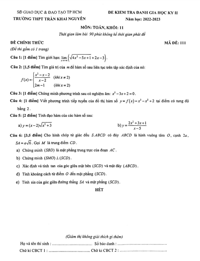 Đề học kì 2 (HK2) lớp 11 môn Toán năm 2022 2023 trường THPT Trần Khai Nguyên TP HCM