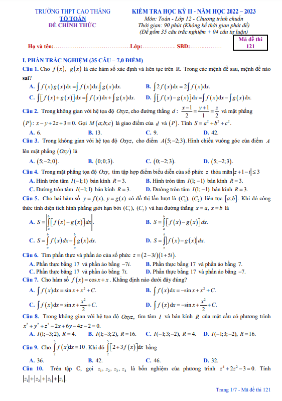 Đề học kì 2 (HK2) lớp 12 môn Toán năm 2022 2023 trường THPT Cao Thắng TT Huế