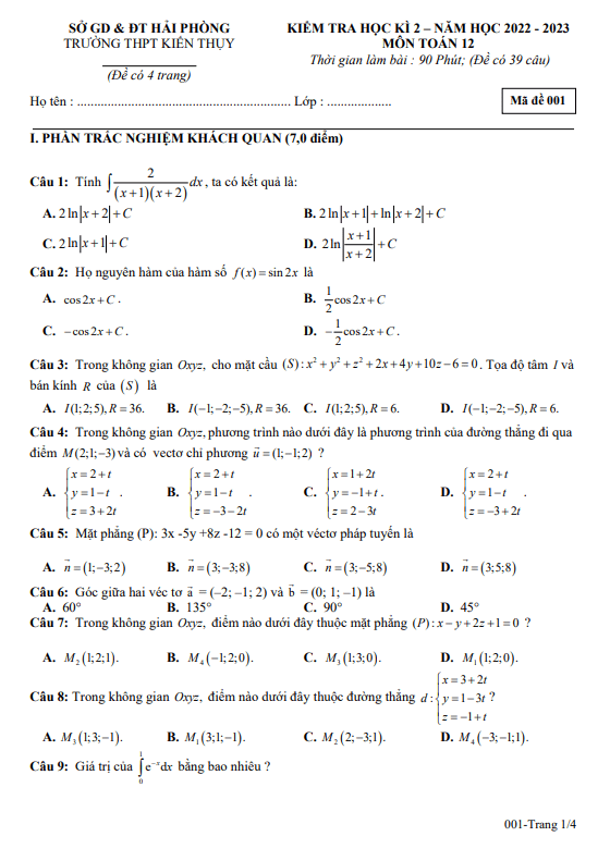 Đề học kì 2 (HK2) lớp 12 môn Toán năm 2022 2023 trường THPT Kiến Thụy Hải Phòng