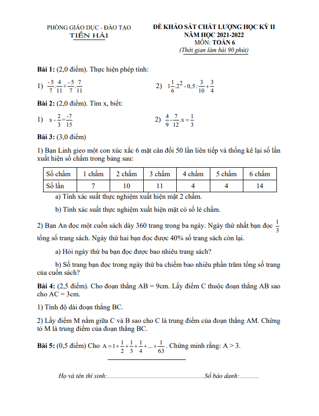 Đề học kì 2 (HK2) lớp 6 môn Toán năm 2021 2022 phòng GD ĐT Tiền Hải Thái Bình