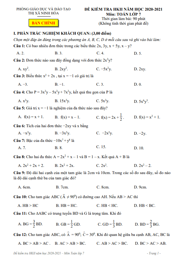Đề học kì 2 (HK2) lớp 7 môn Toán năm 2020 2021 phòng GD ĐT thị xã Ninh Hòa Khánh Hòa