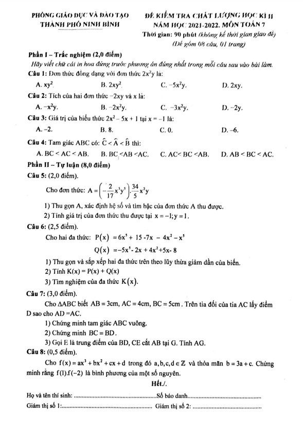 Đề học kì 2 (HK2) lớp 7 môn Toán năm 2021 2022 phòng GD ĐT thành phố Ninh Bình