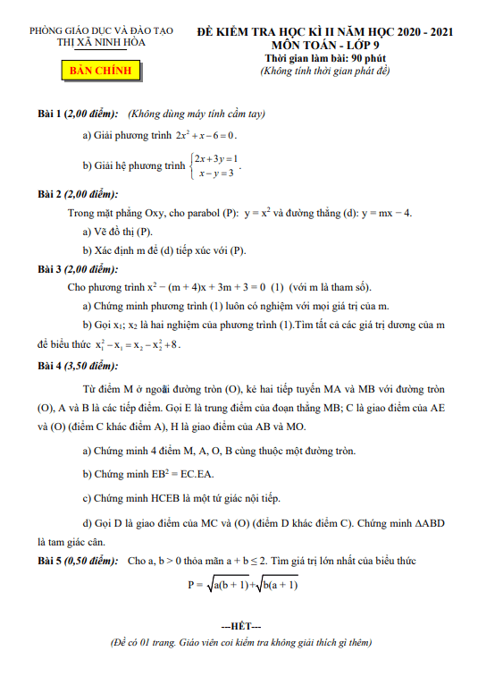 Đề học kì 2 (HK2) lớp 9 môn Toán năm 2020 2021 phòng GD ĐT thị xã Ninh Hòa Khánh Hòa