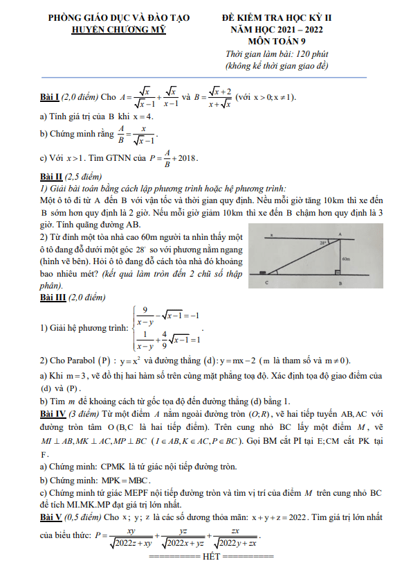 Đề học kì 2 (HK2) lớp 9 môn Toán năm 2021 2022 phòng GD ĐT Chương Mỹ Hà Nội