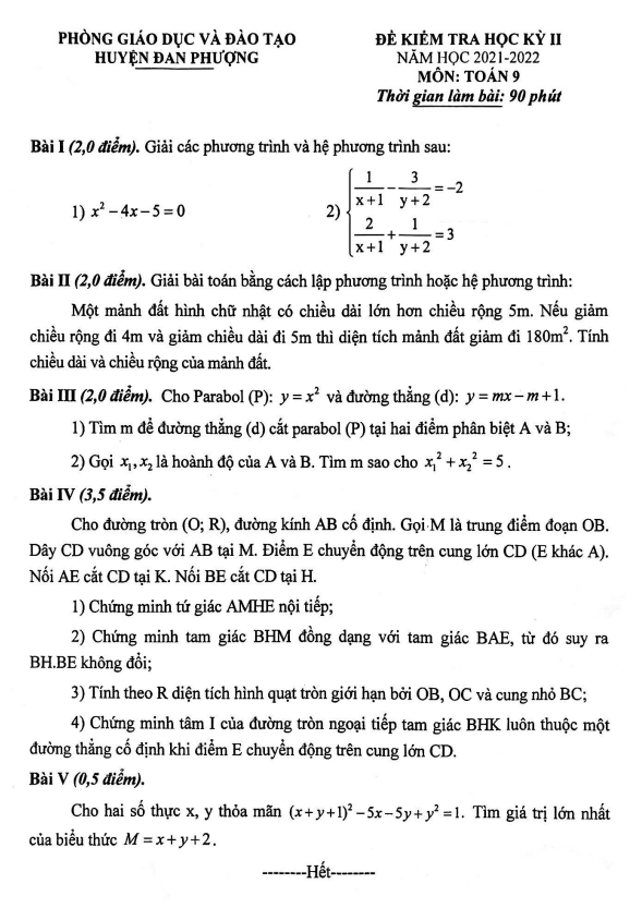 Đề học kì 2 (HK2) lớp 9 môn Toán năm 2021 2022 phòng GD ĐT Đan Phượng Hà Nội