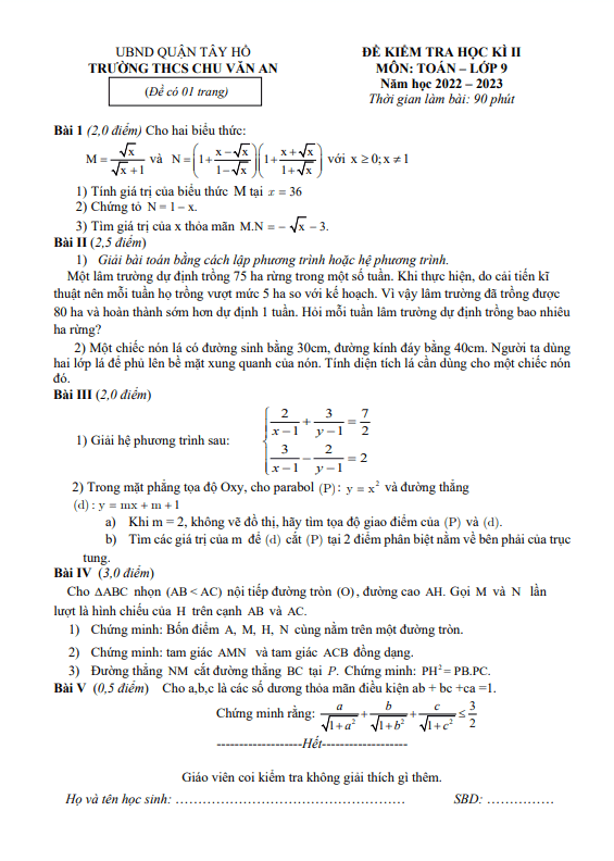 Đề học kì 2 (HK2) lớp 9 môn Toán năm 2022 2023 trường THCS Chu Văn An Hà Nội