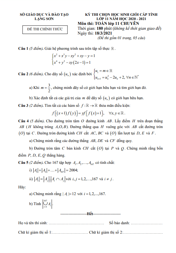 Đề học sinh giỏi cấp tỉnh lớp 11 môn Toán chuyên năm 2020 2021 sở GD ĐT Lạng Sơn