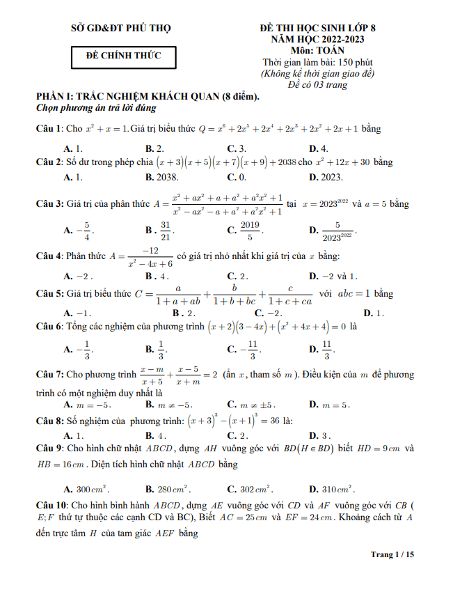 Đề học sinh giỏi cấp tỉnh lớp 8 môn Toán năm 2022 2023 sở GD ĐT Phú Thọ