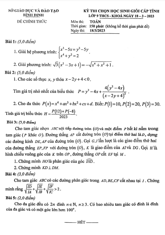 Đề học sinh giỏi cấp tỉnh lớp 9 môn Toán năm 2022 2023 sở GD ĐT Bình Định