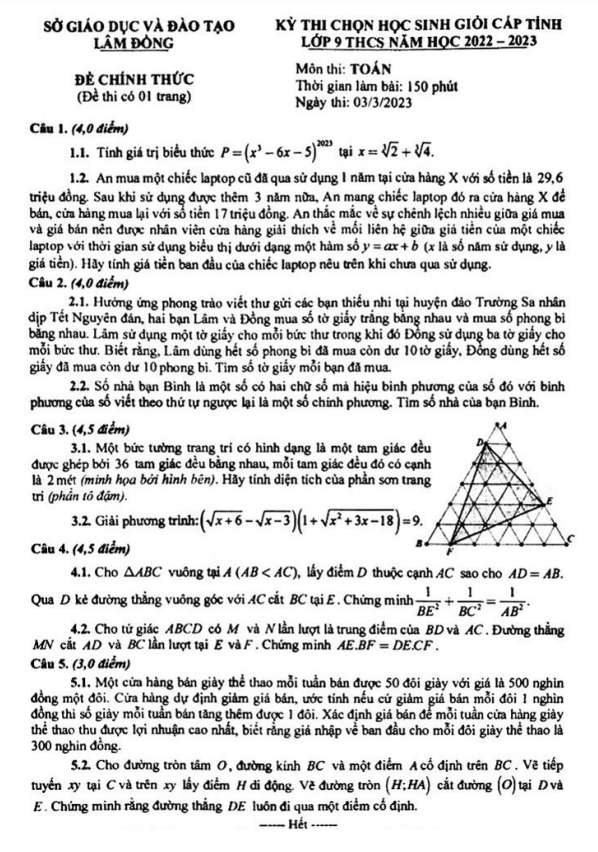 Đề học sinh giỏi cấp tỉnh lớp 9 môn Toán năm 2022 2023 sở GD ĐT Lâm Đồng