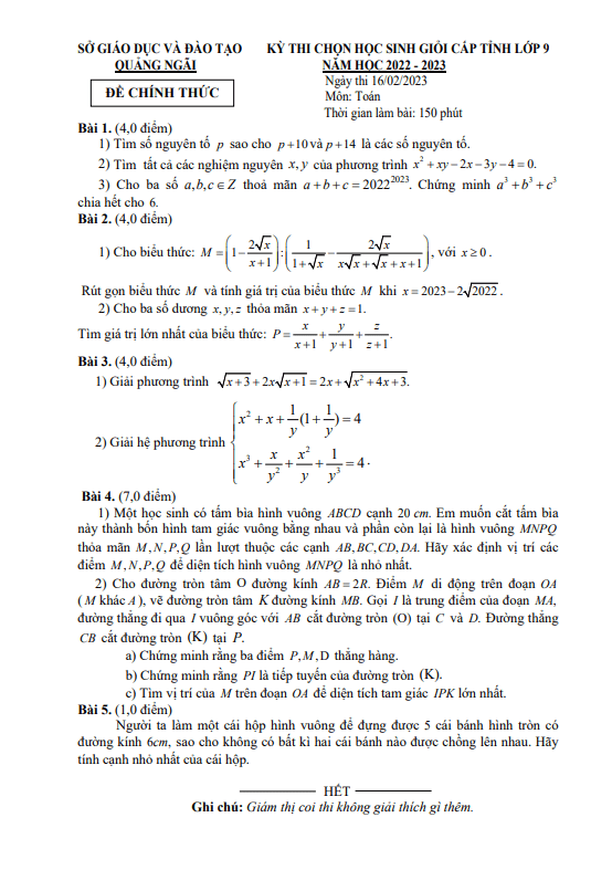 Đề học sinh giỏi cấp tỉnh lớp 9 môn Toán năm 2022 2023 sở GD ĐT Quảng Ngãi