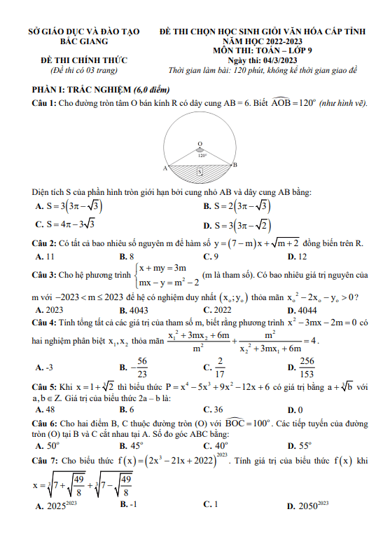Đề học sinh giỏi cấp tỉnh lớp 9 môn Toán năm 2022 – 2023 sở GD ĐT Bắc Giang