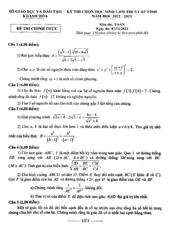 Đề học sinh giỏi cấp tỉnh Toán THCS năm 2022 2023 sở GD ĐT Khánh Hòa