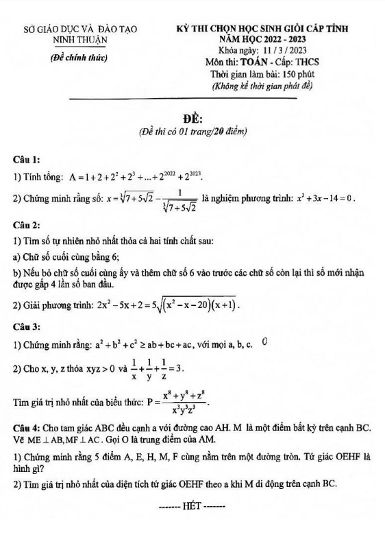 Đề học sinh giỏi cấp tỉnh Toán THCS năm 2022 2023 sở GD ĐT Ninh Thuận