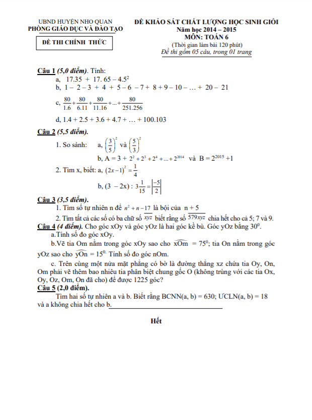 Đề học sinh giỏi huyện lớp 6 môn Toán năm 2014 2015 phòng GD ĐT Nho Quan Ninh Bình