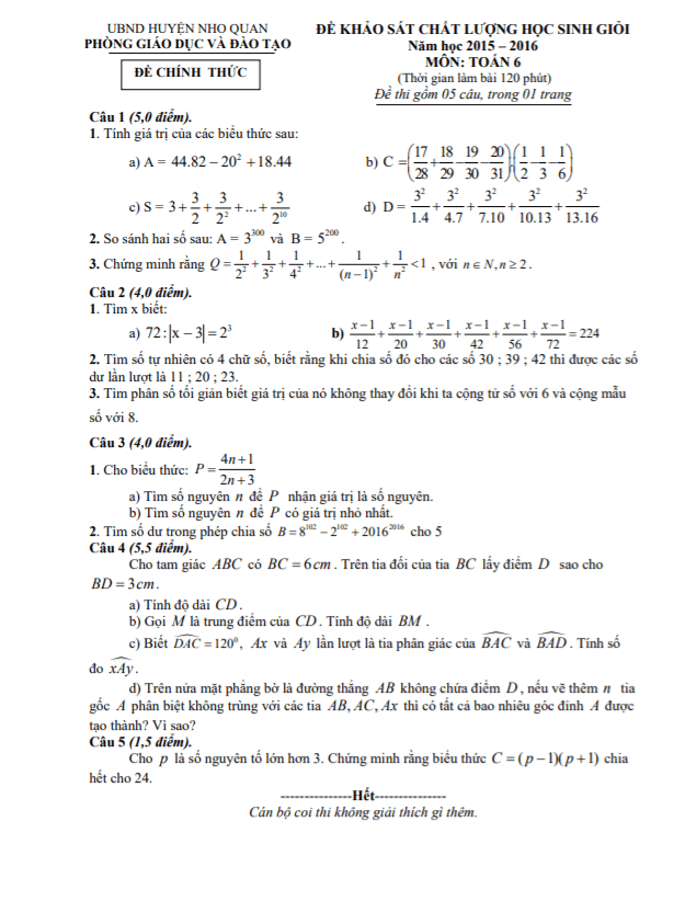Đề học sinh giỏi huyện lớp 6 môn Toán năm 2015 2016 phòng GD ĐT Nho Quan Ninh Bình