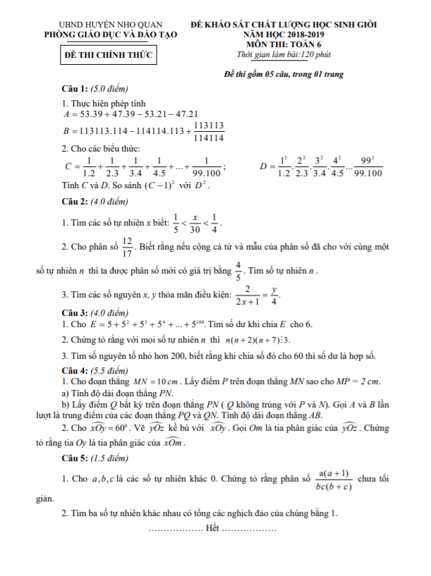 Đề học sinh giỏi huyện lớp 6 môn Toán năm 2018 2019 phòng GD ĐT Nho Quan Ninh Bình