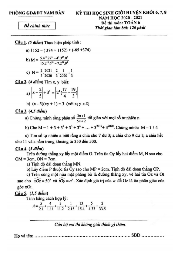 Đề học sinh giỏi huyện lớp 6 môn Toán năm 2020 2021 phòng GD ĐT Nam Đàn Nghệ An