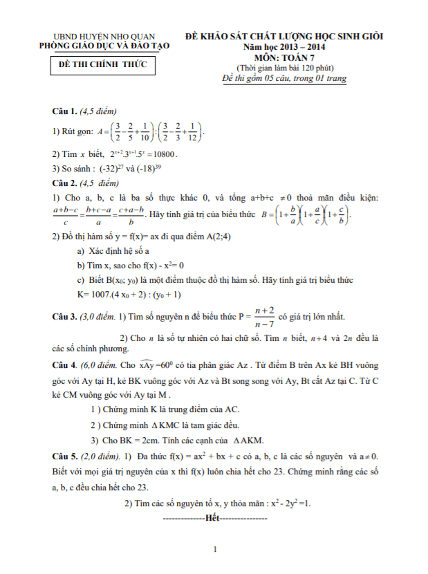 Đề học sinh giỏi huyện lớp 7 môn Toán năm 2013 2014 phòng GD ĐT Nho Quan Ninh Bình