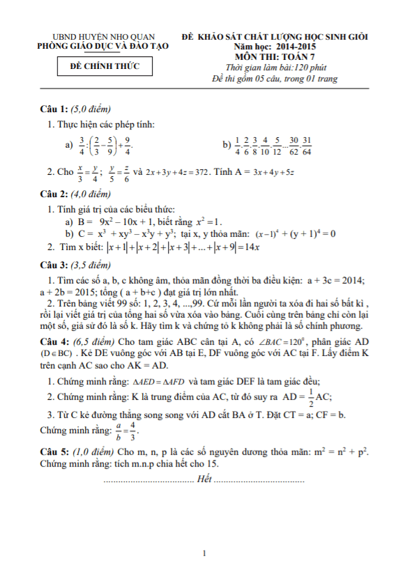 Đề học sinh giỏi huyện lớp 7 môn Toán năm 2014 2015 phòng GD ĐT Nho Quan Ninh Bình