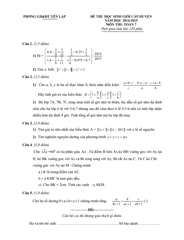 Đề học sinh giỏi huyện lớp 7 môn Toán năm 2014 2015 phòng GD ĐT Yên Lập Phú Thọ
