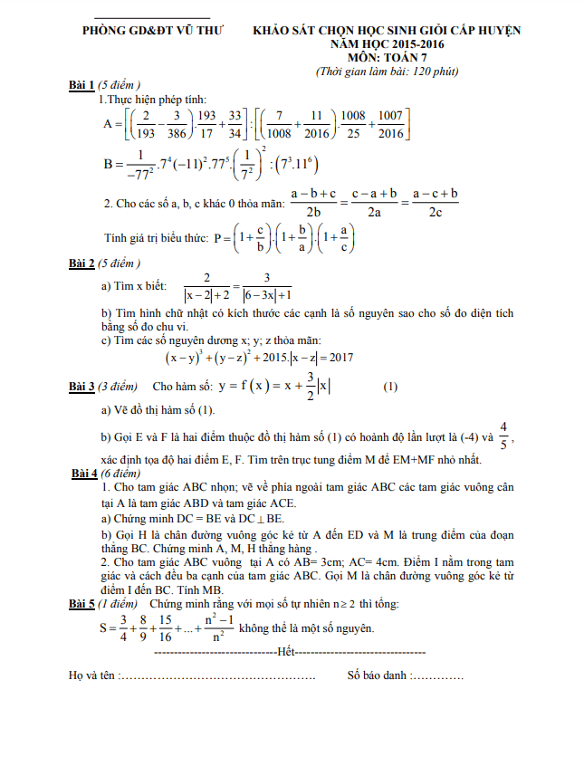 Đề học sinh giỏi huyện lớp 7 môn Toán năm 2015 2016 phòng GD ĐT Vũ Thư Thái Bình