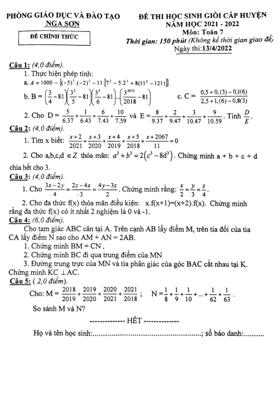 Đề học sinh giỏi huyện lớp 7 môn Toán năm 2021 2022 phòng GD ĐT Nga Sơn Thanh Hóa