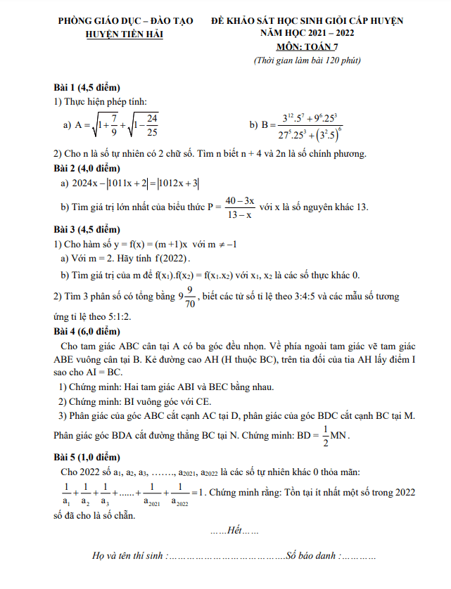 Đề học sinh giỏi huyện lớp 7 môn Toán năm 2021 2022 phòng GD ĐT Tiền Hải Thái Bình