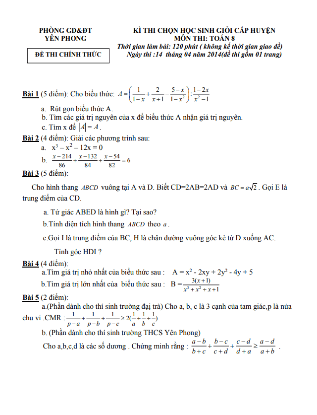 Đề học sinh giỏi huyện lớp 8 môn Toán năm 2013 2014 phòng GD ĐT Yên Phong Bắc Ninh