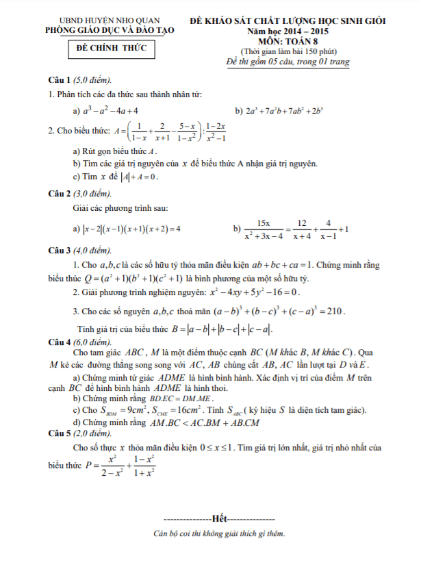 Đề học sinh giỏi huyện lớp 8 môn Toán năm 2014 2015 phòng GD ĐT Nho Quan Ninh Bình