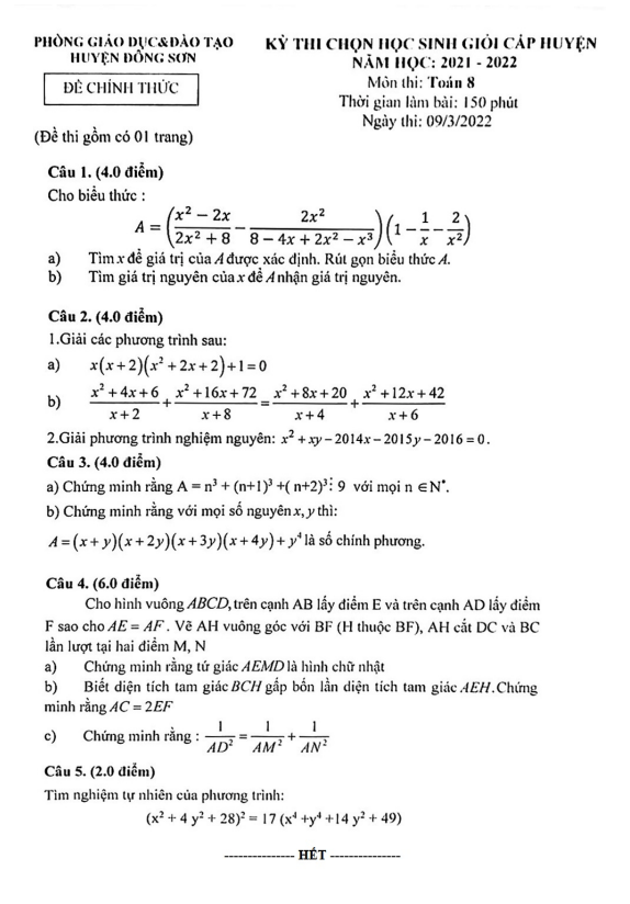Đề học sinh giỏi huyện lớp 8 môn Toán năm 2021 2022 phòng GD ĐT Đông Sơn Thanh Hóa