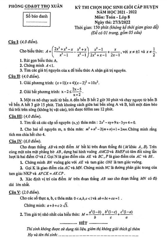 Đề học sinh giỏi huyện lớp 8 môn Toán năm 2021 2022 phòng GD ĐT Thọ Xuân Thanh Hoá