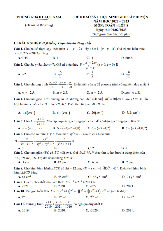 Đề học sinh giỏi huyện lớp 8 môn Toán năm 2022 2023 phòng GD ĐT Lục Nam Bắc Giang