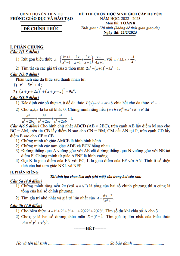 Đề học sinh giỏi huyện lớp 8 môn Toán năm 2022 2023 phòng GD ĐT Tiên Du Bắc Ninh