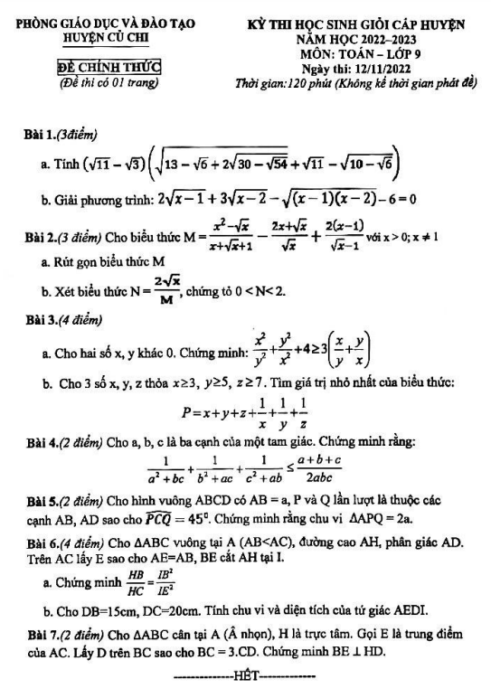 Đề học sinh giỏi huyện lớp 9 môn Toán năm 2022 2023 phòng GD ĐT Củ Chi TP HCM