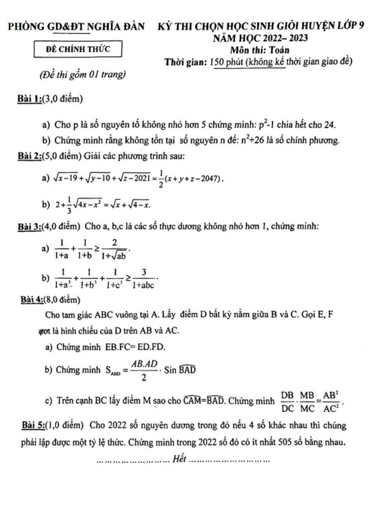 Đề học sinh giỏi huyện lớp 9 môn Toán năm 2022 2023 phòng GD ĐT Nghĩa Đàn Nghệ An