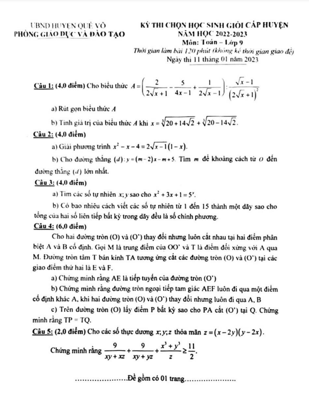 Đề học sinh giỏi huyện lớp 9 môn Toán năm 2022 2023 phòng GD ĐT Quế Võ Bắc Ninh