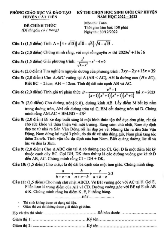 Đề học sinh giỏi huyện Toán THCS năm 2022 2023 phòng GD ĐT Cát Tiên Lâm Đồng