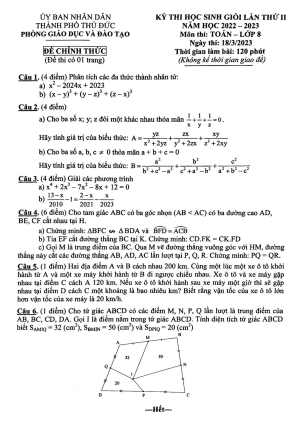 Đề học sinh giỏi lần 2 lớp 8 môn Toán năm 2022 2023 phòng GD ĐT Thủ Đức TP HCM