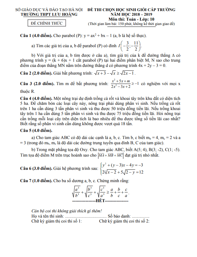 Đề học sinh giỏi lớp 10 môn Toán cấp trường năm 2018 2019 trường Lưu Hoàng Hà Nội