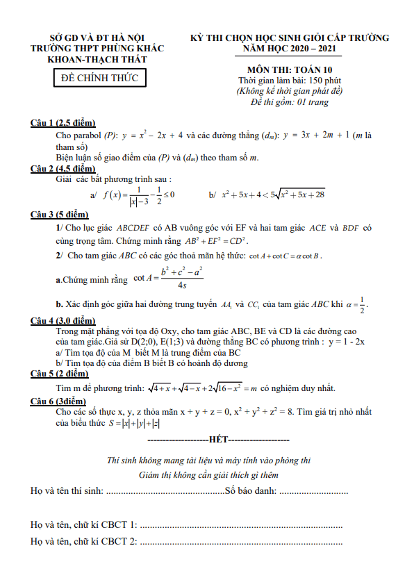 Đề học sinh giỏi lớp 10 môn Toán năm 2020 2021 trường Phùng Khắc Khoan Hà Nội
