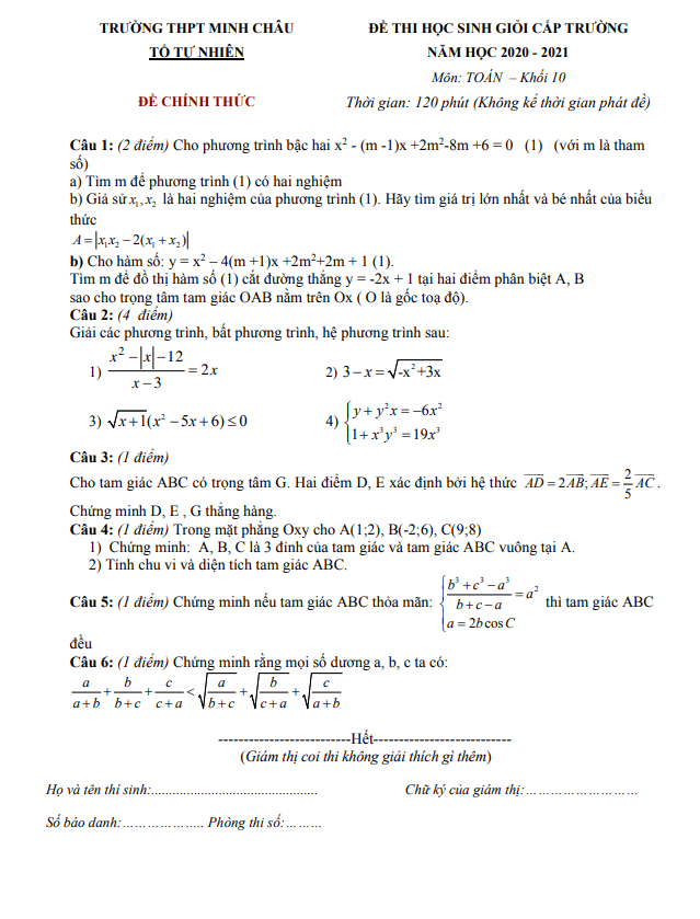 Đề học sinh giỏi lớp 10 môn Toán năm 2020 2021 trường THPT Minh Châu Hưng Yên