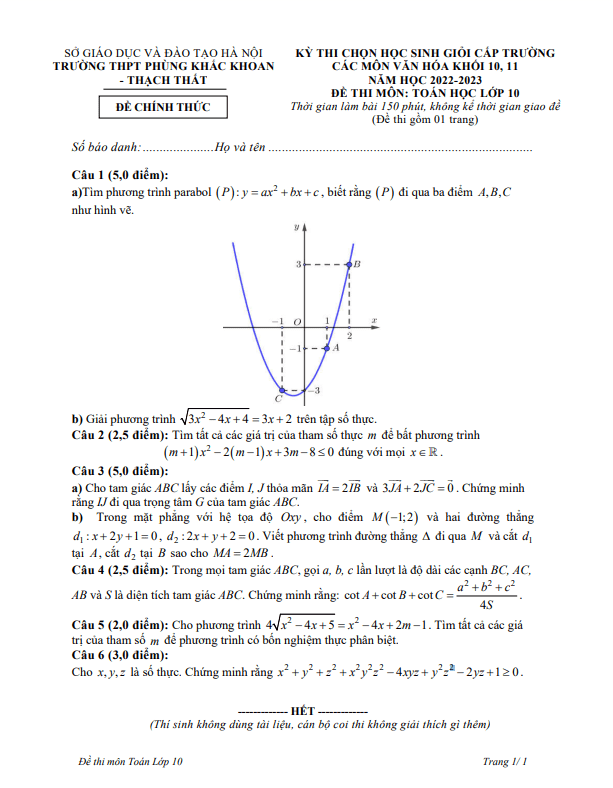 Đề học sinh giỏi lớp 10 môn Toán năm 2022 2023 trường THPT Phùng Khắc Khoan Hà Nội