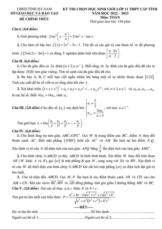 Đề học sinh giỏi lớp 11 môn Toán cấp tỉnh năm 2022 2023 sở GD ĐT Hà Nam