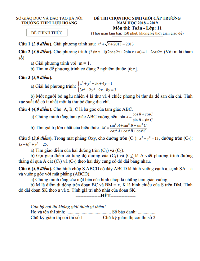 Đề học sinh giỏi lớp 11 môn Toán cấp trường năm 2018 2019 trường Lưu Hoàng Hà Nội