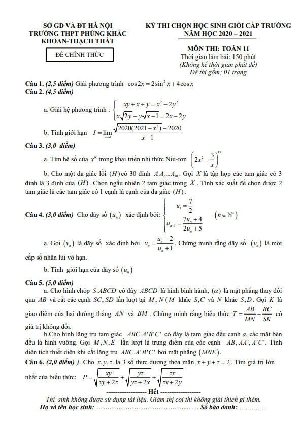 Đề học sinh giỏi lớp 11 môn Toán năm 2020 2021 trường Phùng Khắc Khoan Hà Nội