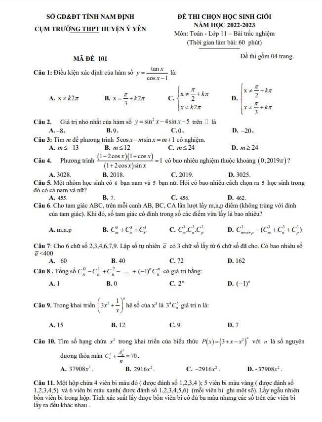 Đề học sinh giỏi lớp 11 môn Toán năm 2022 2023 cụm THPT huyện Ý Yên Nam Định