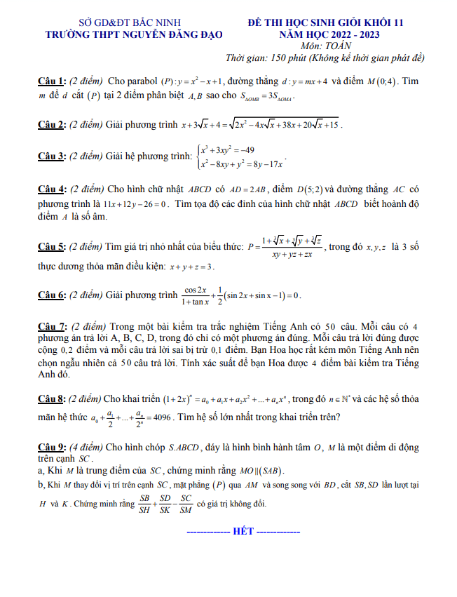 Đề học sinh giỏi lớp 11 môn Toán năm 2022 2023 trường Nguyễn Đăng Đạo Bắc Ninh