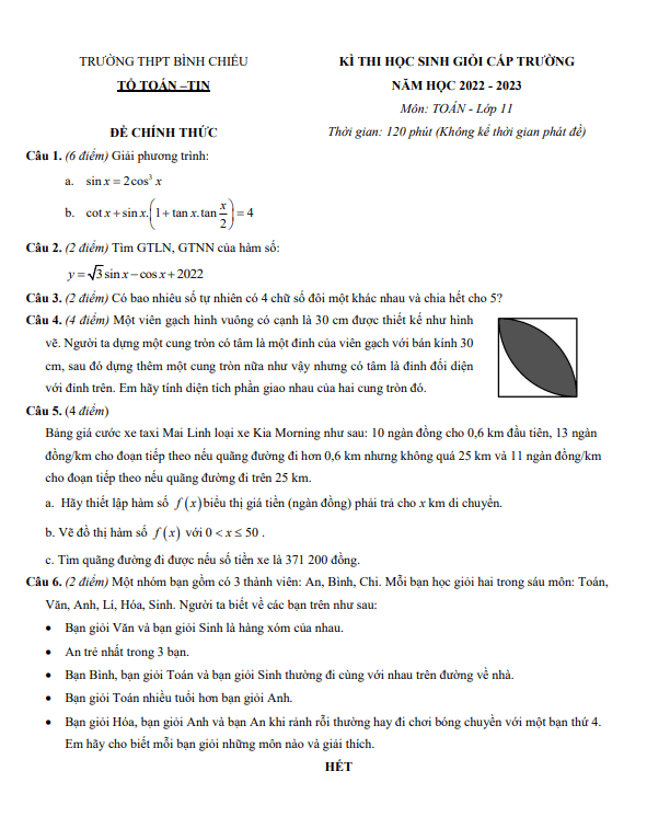 Đề học sinh giỏi lớp 11 môn Toán năm 2022 2023 trường THPT Bình Chiểu TP HCM