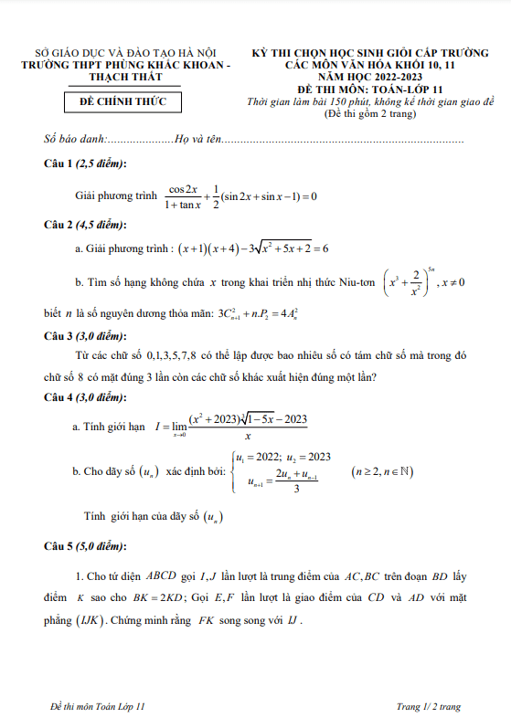 Đề học sinh giỏi lớp 11 môn Toán năm 2022 2023 trường THPT Phùng Khắc Khoan Hà Nội